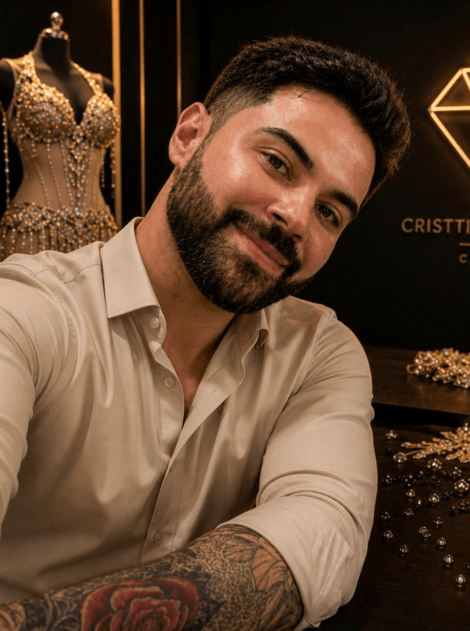 Cristtiano Ferreira smiling in a beige shirt in his atelier, a gold crystal-embroidered costume on a mannequin and loose crystals on the table behind him
