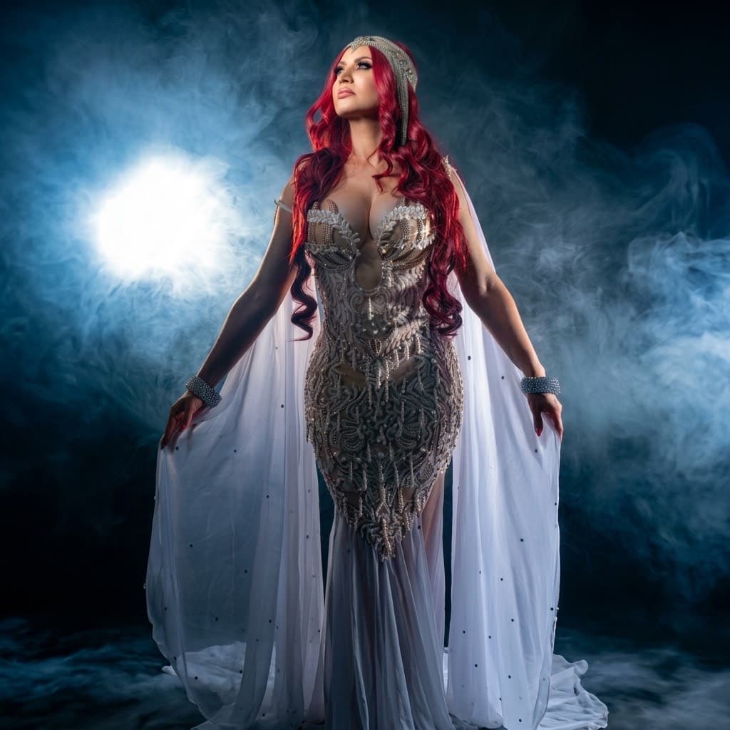 Red-haired dancer in a silver crystal-embroidered costume and headpiece, a white veil cape open at her sides, against stage smoke